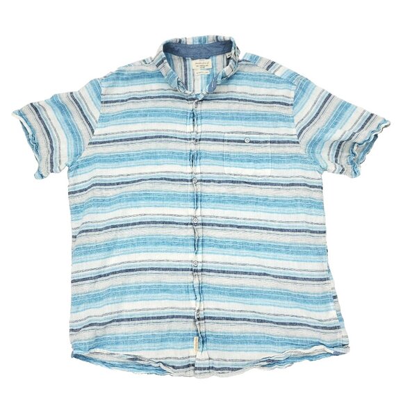 Weatherproof Button Shirt Mens XL Blue Washable Linen Blend Pocket Striped - Picture 1 of 9